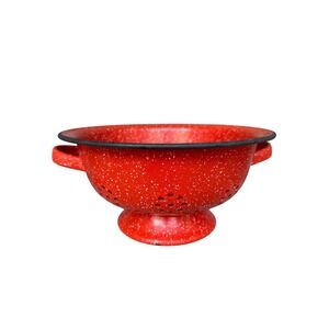 Red Speckled Enamel Colander Strainer 9.5" Vintage Farmhouse